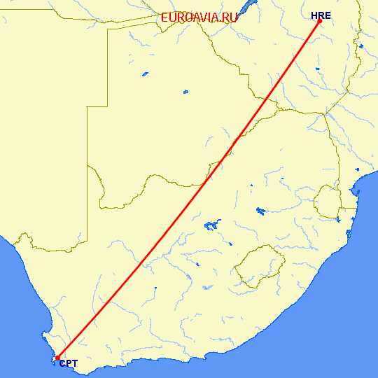 перелет Кейптаун — Хараре на карте