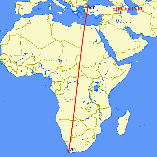 перелет Кейптаун — Стамбул на карте