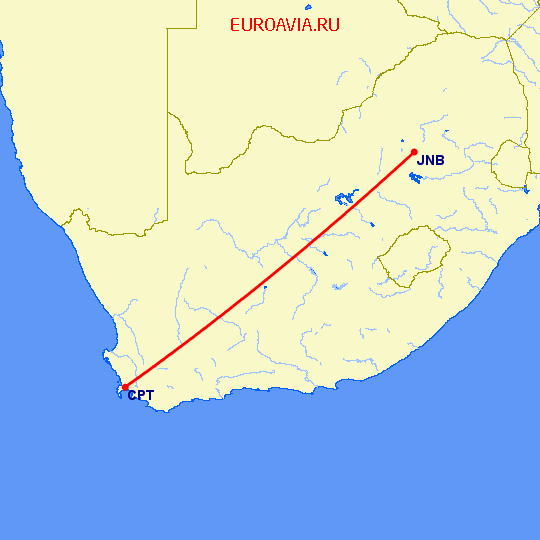 перелет Кейптаун — Йоханнесбург на карте