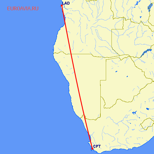перелет Кейптаун — Луанда на карте