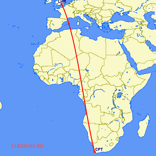 перелет Кейптаун — Лондон на карте