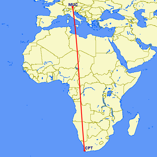 перелет Кейптаун — Мюнхен на карте