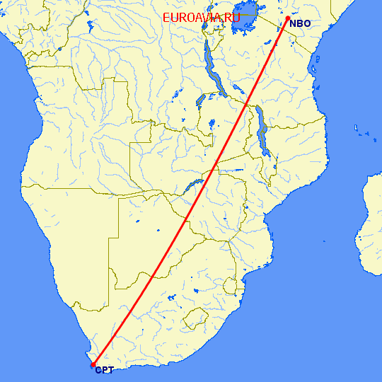 перелет Кейптаун — Найроби на карте