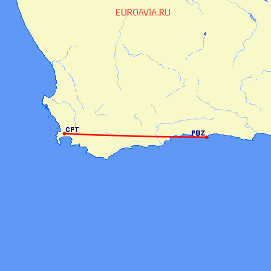 перелет Кейптаун — Плеттенберг Бей на карте