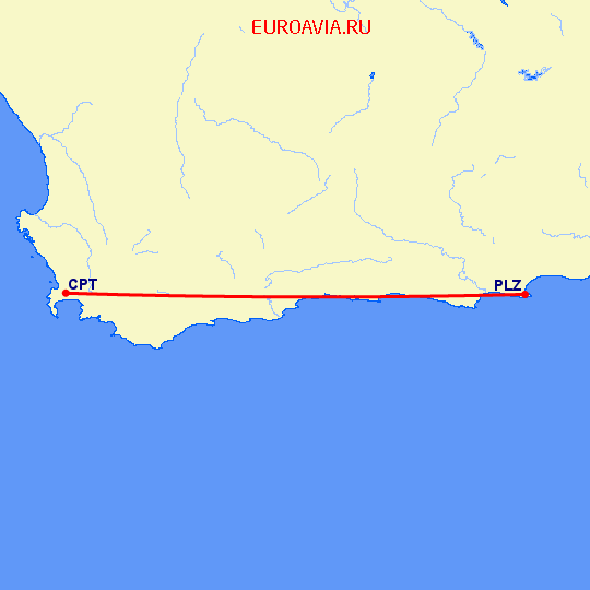 перелет Кейптаун — Порт Элизабет на карте