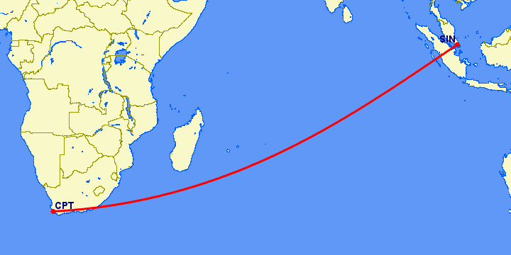 перелет Кейптаун — Сингапур на карте