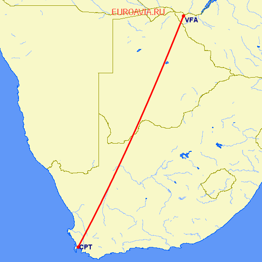 перелет Кейптаун — Виктория Фоллз на карте
