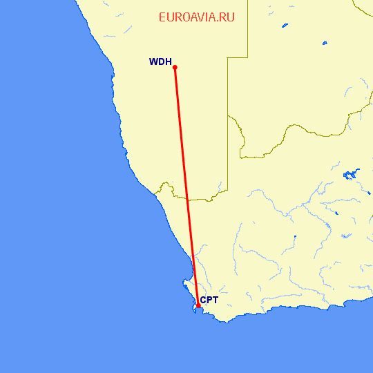 перелет Кейптаун — Виндхук на карте