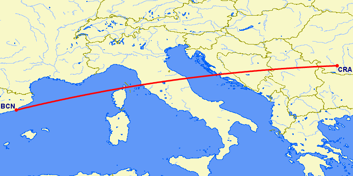 перелет Крайова — Барселона на карте
