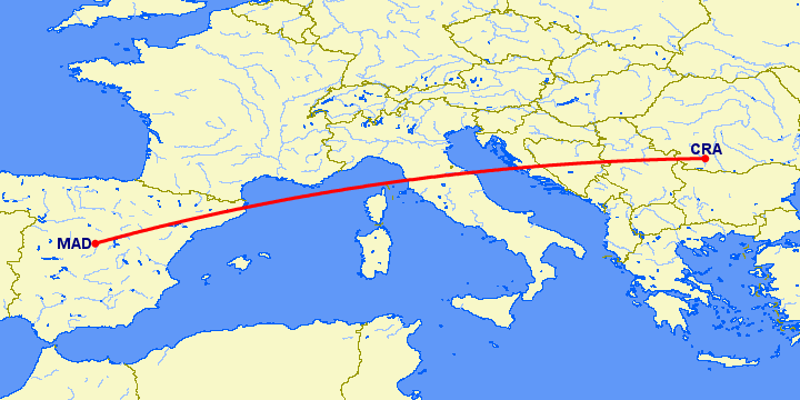 перелет Крайова — Мадрид на карте