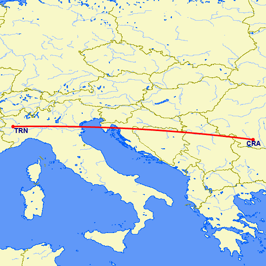 перелет Крайова — Турин на карте