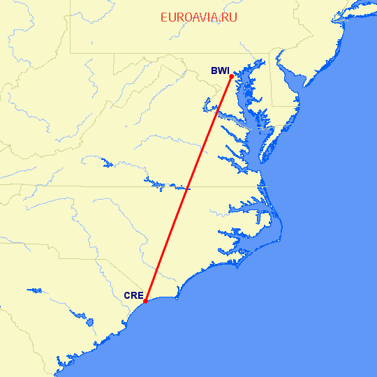 перелет Миртл Бич — Балтимор на карте