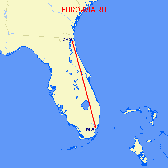 перелет Jacksonville — Майами на карте