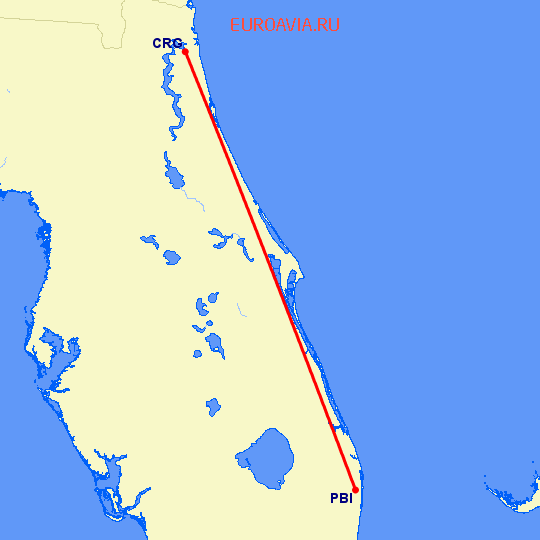 перелет Jacksonville — Уэст Палм Бич на карте