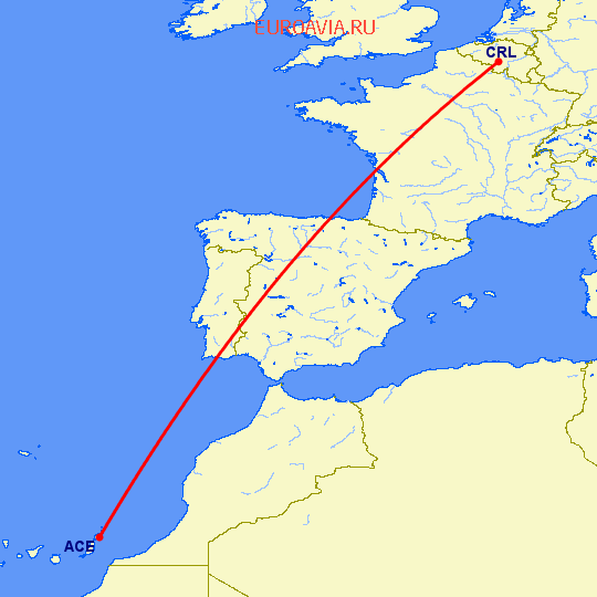 перелет Шарлеруа — Арресифе на карте