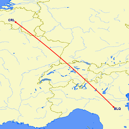 перелет Шарлеруа — Болонья на карте