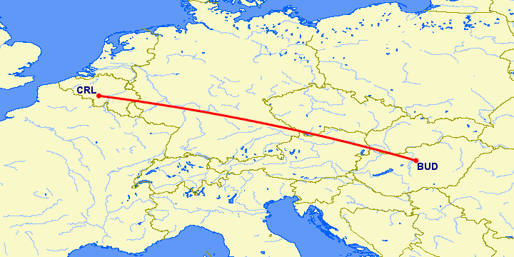 перелет Шарлеруа — Будапешт на карте