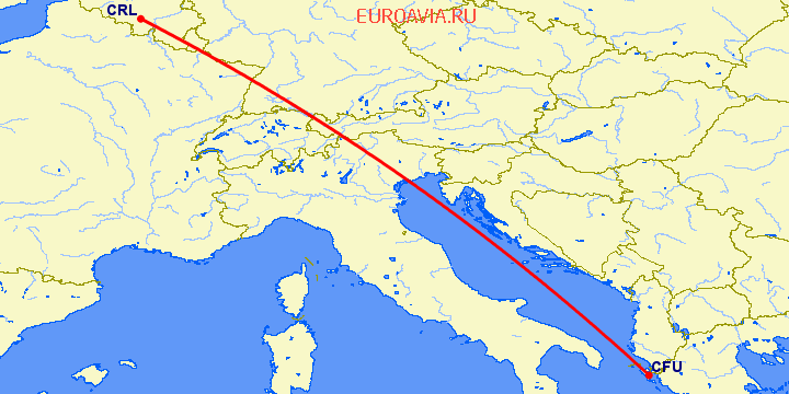 перелет Шарлеруа — Керкира на карте