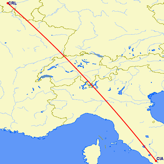 перелет Шарлеруа — Рим на карте