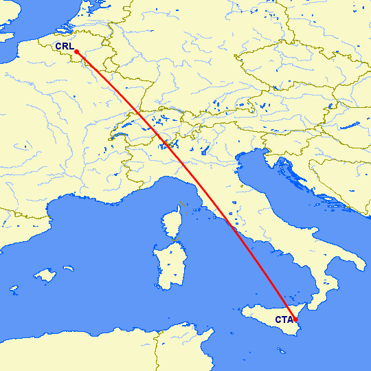 перелет Шарлеруа — Катания на карте