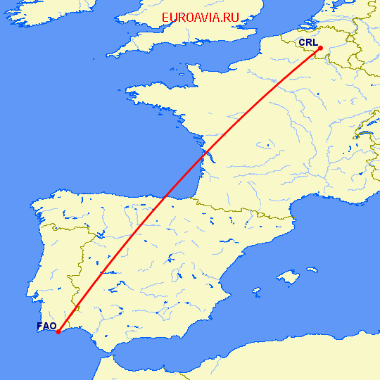 перелет Шарлеруа — Фару на карте