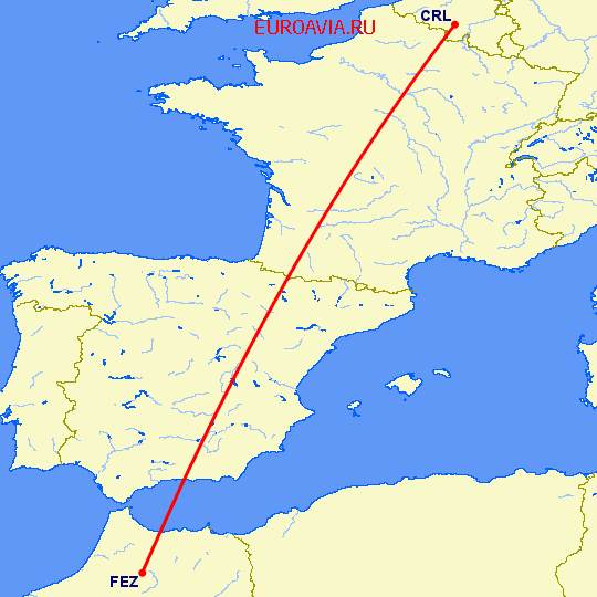 перелет Шарлеруа — Фес на карте