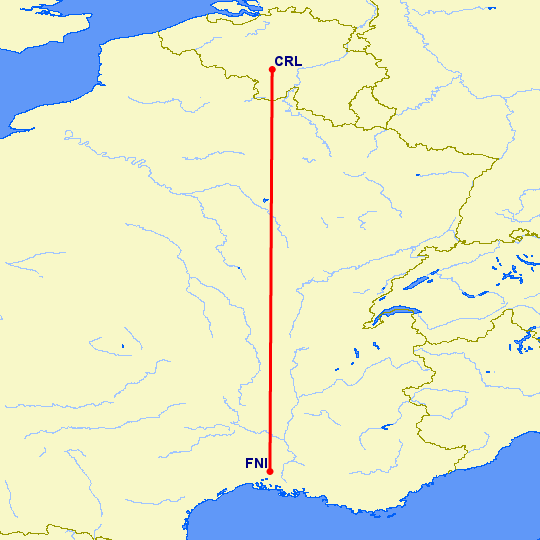 перелет Шарлеруа — Ним на карте