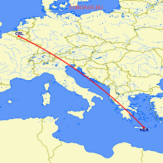 перелет Шарлеруа — Ираклион на карте