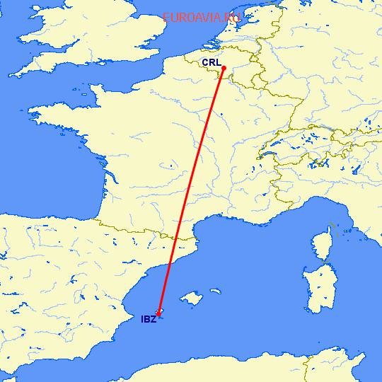 перелет Шарлеруа — Ибица на карте