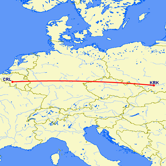 перелет Шарлеруа — Краков на карте
