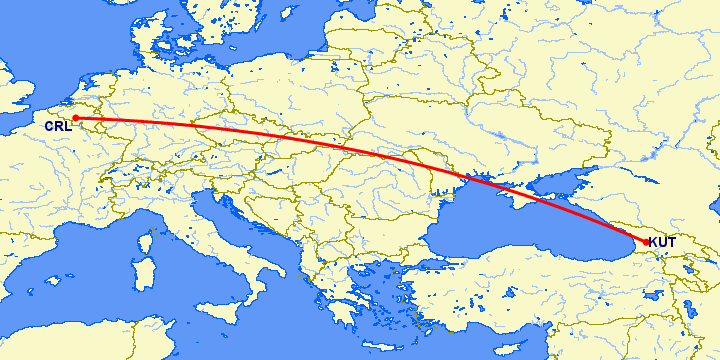 перелет Шарлеруа — Кутаиси на карте