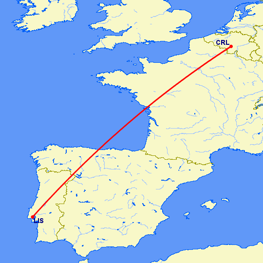 перелет Шарлеруа — Лиссабон на карте