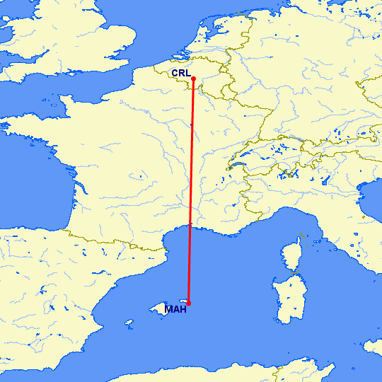 перелет Шарлеруа — Менорка на карте
