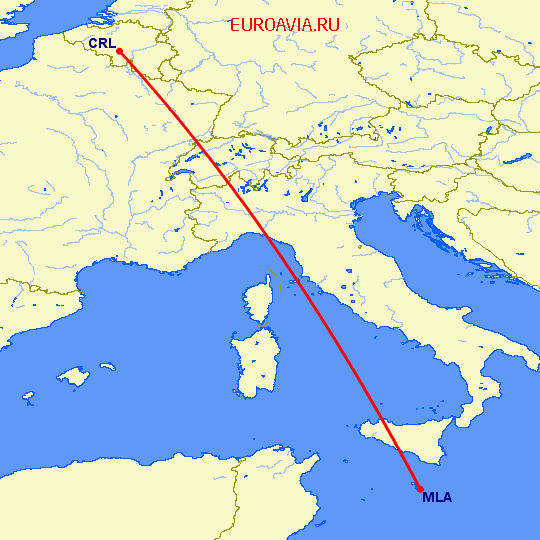 перелет Шарлеруа — Мальта на карте