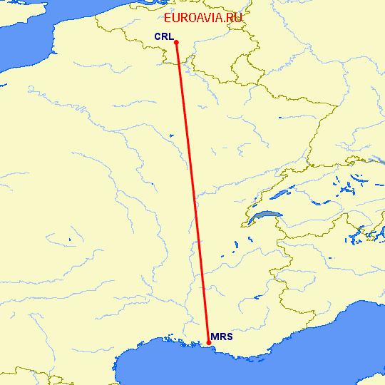 перелет Шарлеруа — Марсель на карте