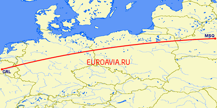 перелет Шарлеруа — Минск на карте