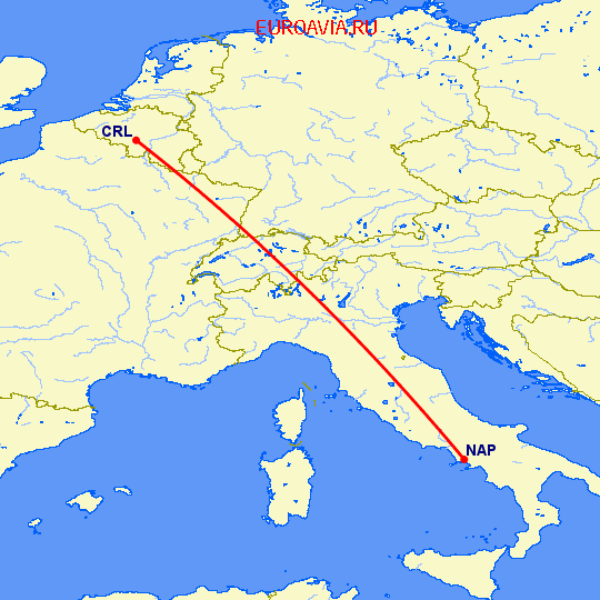 перелет Шарлеруа — Неаполь на карте