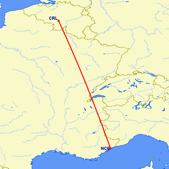 перелет Шарлеруа — Ницца на карте