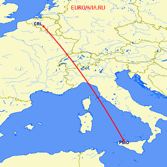 перелет Шарлеруа — Палермо на карте
