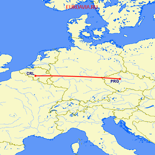 перелет Шарлеруа — Прага на карте