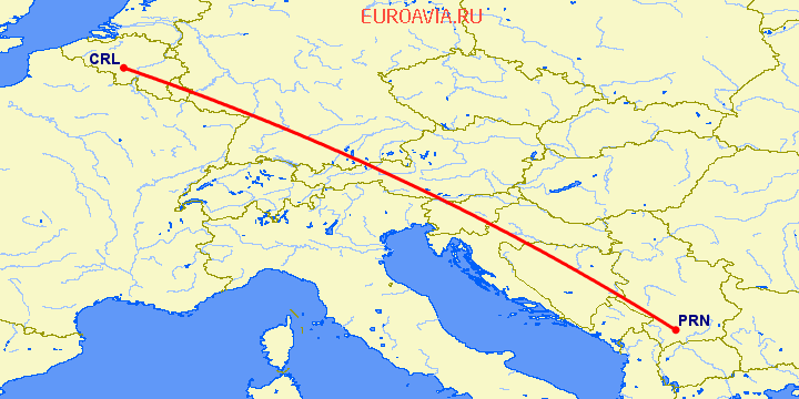 перелет Шарлеруа — Приштина на карте