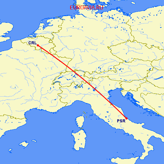 перелет Шарлеруа — Пескара на карте