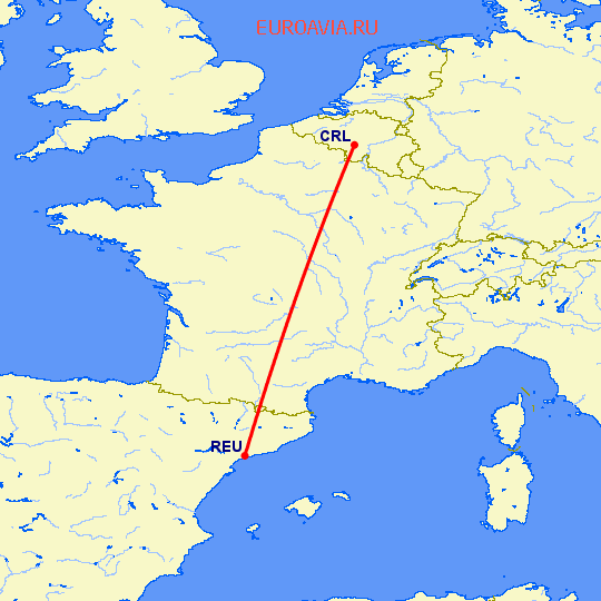 перелет Шарлеруа — Реус на карте