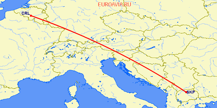 перелет Шарлеруа — Скопье на карте