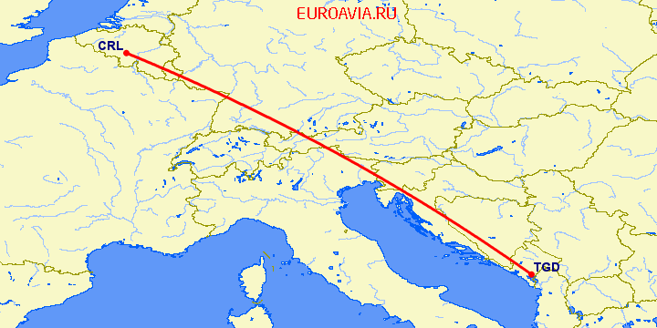 перелет Шарлеруа — Подгорица на карте