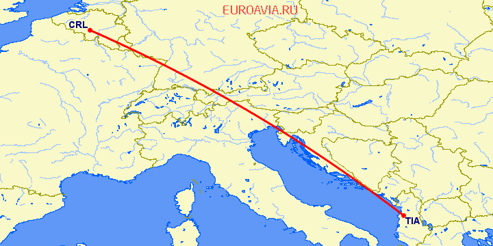 перелет Шарлеруа — Тирана на карте