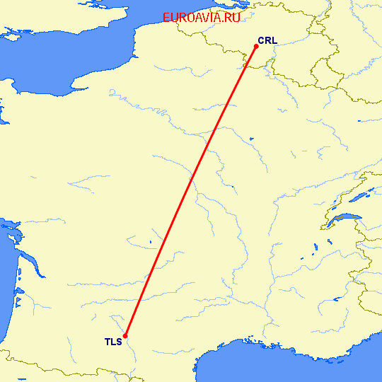 перелет Шарлеруа — Тулуза на карте