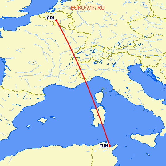 перелет Шарлеруа — Тунис на карте