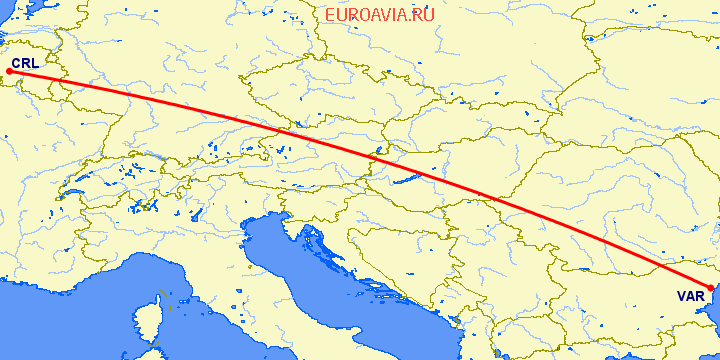 перелет Шарлеруа — Варна на карте