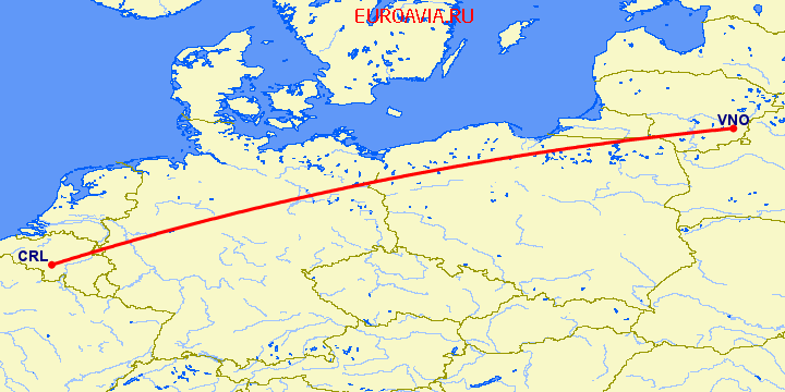 перелет Шарлеруа — Вильнюс на карте